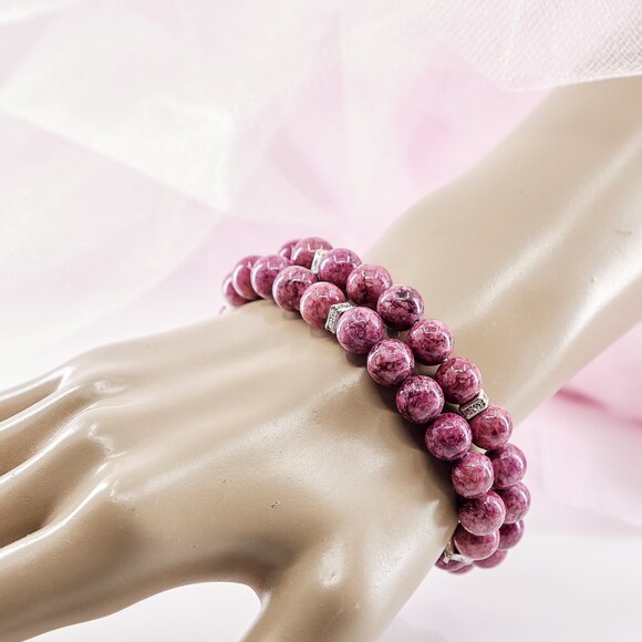 Pink Jasper Dainty Beaded Stretch Bracelet Set of 2 - Picture 7 of 11